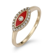 14K Yellow Gold Evil Eye Diamond Ring with Red Enamel