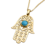 14K Yellow Gold Filigreed Hamsa Pendant Necklace With Turquoise Stone