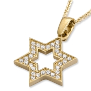 14K Yellow Gold Star of David Outline Pendant Necklace With Cubic Zirconia Stones