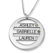 925 Sterling Silver Three English/Hebrew Names Circular Necklace with Birthstones 