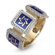14K Yellow Gold & Blue Enamel Deluxe Star of David Ring with 90 Diamonds