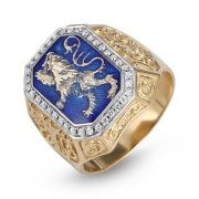 14K Yellow Gold & Blue Enamel Men's Lion of Judah Diamond Signet Ring 