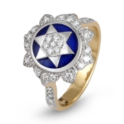14K Yellow & White Gold Women's Star of David Ring with Blue Enamel and 39 Diamonds 