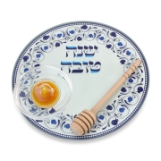 Glass Rosh Hashanah Honey Dish Set – Pomegranates (Blue)