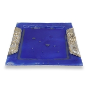 Handcrafted Sterling Silver-Plated Glass Matzah Plate (Blue)