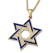Grand 14K Yellow Gold and Blue Enamel Interlocking Star of David Pendant Necklace With Cubic Zirconia Stones
