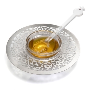 Dorit Judaica Stainless Steel & Glass Honey Dish for Rosh Hashanah - Small Pomegranates 