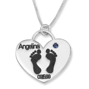 Double Thickness Sterling Silver Baby's Footprints Mom Necklace with Name, Birthday and Birthstone