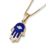14K Gold and Blue Enamel Hamsa Pendant Necklace with Diamond Fingers and Evil Eye