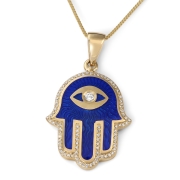14K Yellow Gold & Blue Enamel Hamsa Pendant Necklace With White Diamonds By Anbinder Jewelry