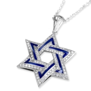 14K White Gold and Blue Enamel Star of David Pendant With 114 Diamonds