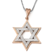 Two-Toned 14K Rose Gold Double Star of David Pendant Necklace With White Diamonds