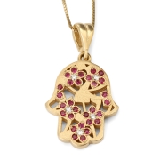 14K Gold Diamond and Ruby Hamsa Pendant Necklace 