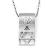 14K White Gold Scroll Pendant with Shin and Cut-Out Star of David