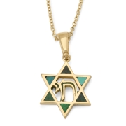 Dainty 14K Yellow Gold Star of David Pendant with Chai and Eilat Stone