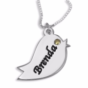 Double Thickness Silver Bird Name Necklace with Crystal (English/Hebrew) 