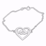 Double Thickness Silver Flower Initials in Heart Bracelet (English/Hebrew)