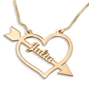 Gold Plated Heart and Arrow Personalized Name Necklace (Hebrew / English)