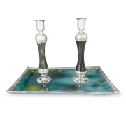 Refined Large Sterling Silver-Plated Glass Shabbat Candlesticks (Shades of Green)