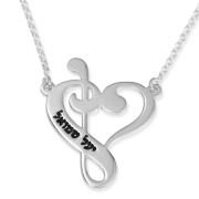 Sterling Silver Music Notes Heart English / Hebrew Name Necklace (Up To 2 Names)
