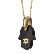Shema Israel: 14K Yellow Gold and Black Onyx Nano-Inscribed Hamsa Pendant Necklace - Deuteronomy 6:4