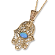 14K Gold Filigree Hamsa Pendant Necklace with Blue Opal