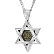 925 Sterling Silver Star of David Shema Yisrael Necklace with Onyx Stone and 24K Gold Inscription - Deuteronomy 6:4-9