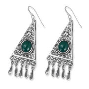 Traditional Yemenite Art Handcrafted Sterling Silver Filigree Triangle Earrings With Green Agate Stone
