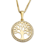14K Yellow Gold and Cubic Zirconia Round Tree of Life Pendant Necklace