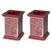 Yair Emanuel Anodized Aluminum Pomegranate Candlesticks with Laser-Cut Metal – Red