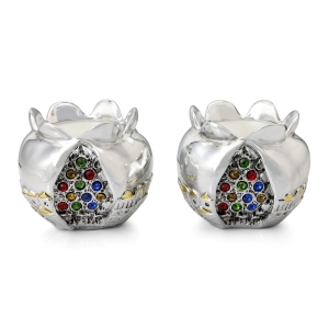  Silver Pomegranate Candlesticks with Colored Jewels and Golden Highlights - Jerusalem