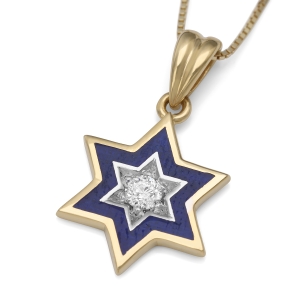 14K Gold and Blue Enamel Star of David Pendant Necklace with Diamond - Choice of Colors