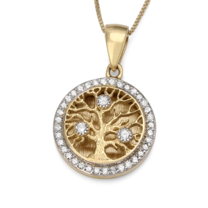 14K Gold Round Tree of Life Pendant Necklace With Diamonds