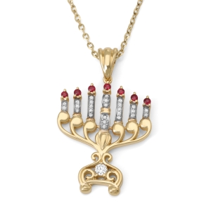 14K Gold Women's 7-Branch Menorah Pendant with Diamonds and Rubies