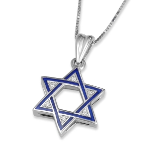 14K Gold Blue Enamel Star of David Diamond Pendant Necklace - Choice of Color