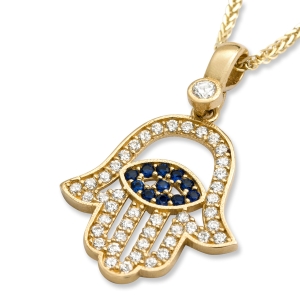 14K Yellow Gold and Cubic Zirconia Hamsa Pendant Necklace With Evil Eye Design
