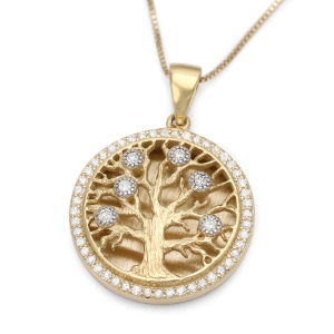 14K Yellow Gold Diamond-Studded Round Tree of Life Pendant 