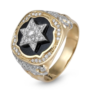 14K Yellow & White Gold Star of David Black Enamel Diamond Ring 