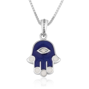 Sterling Silver and Blue Sapphire Hamsa Necklace With Zirconia Stone