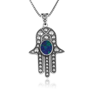Sterling Silver and Eilat Stone Hamsa Necklace With Bubble Design