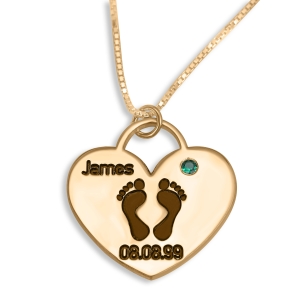 Double Thickness Mother's Footprint Heart Name & Date Necklace With Birthstone, 24K Gold Plated