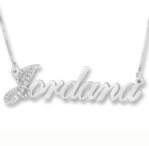 14K White Gold Name Necklace (Hebrew/English) With Diamond Studded First Letter