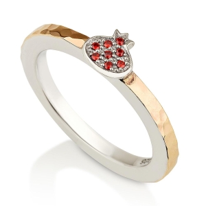 925 Sterling Silver & 9K Gold Hammered Pomegranate Ring with Zircon Stones
