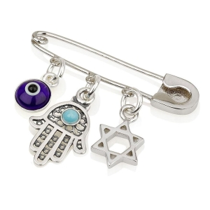 925 Sterling Silver Baby Pin with Star of David, Hamsa and Evil Eye Charms