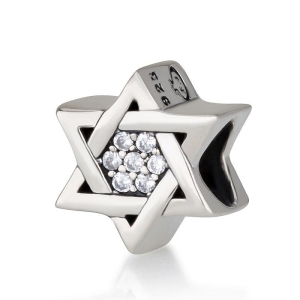 925 Sterling Silver Classic Star of David Bead Charm with Zircon Stones – Rhodium Plated