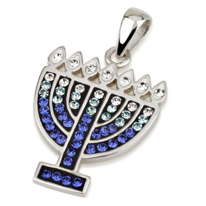 925 Sterling Silver Menorah Pendant with Crystal Stones (Choice of Colors)