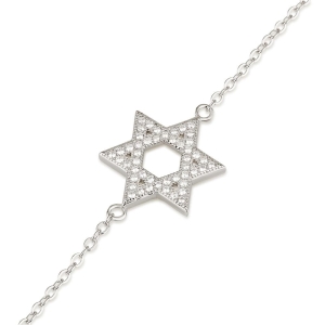 925 Sterling Silver Star of David Bracelet with White Zircon Stones – Rhodium Plated