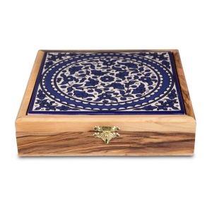 Blue Flowers: Olive Wood & Armenian Ceramic Jewelry Box