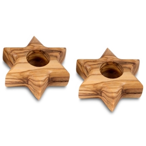 Pair of Olive Wood Candle Holders - Star of David