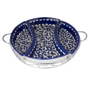 Armenian Ceramics Set of Serving Dishes in Frame - Blue Flowers (Round)